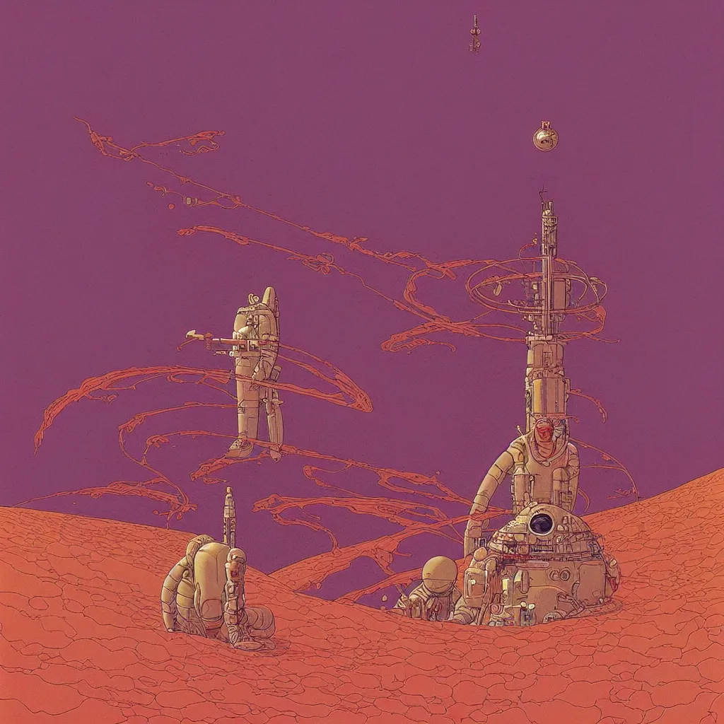 Prompt: a beautiful centered illustration, a person your camp, one character, intrincate, broken spaceships, sci fi, desert, art by jean giraud and moebius