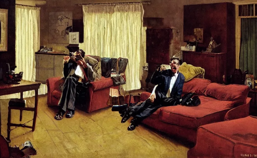 Prompt: a lone thin man screams at a telephone beside a sofa in a dark living room, painted by rick berry and norman rockwell, highly detailed