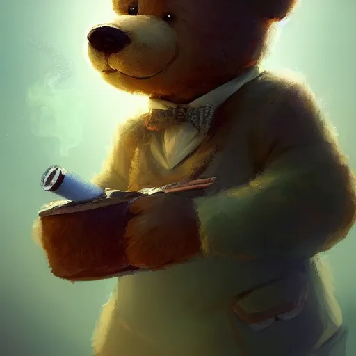 Image similar to cute little anthropomorphic Teddy Bear smoking a cigar, cover art, ultra wide lens shot , tiny, small, short, cute and adorable, pretty, beautiful, DnD character art portrait, matte fantasy painting, DeviantArt Artstation, by Jason Felix by Steve Argyle by Tyler Jacobson by Peter Mohrbacher, cinematic lighting