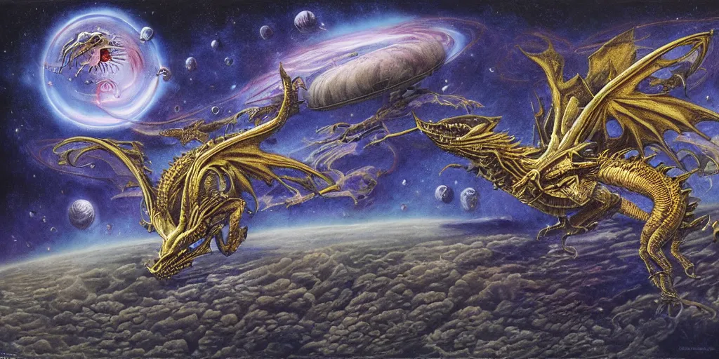 Image similar to an alien dragon flying in outer space, Dan Seagrave art