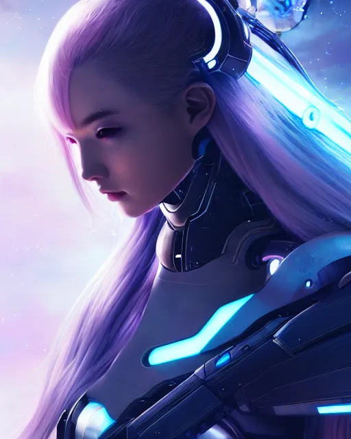 Image similar to perfect android girl on a mothership, warframe armor, beautiful face, scifi, futuristic, galaxy, nebula, bae suzy, dreamy, long white hair, blue cyborg eyes, sharp focus, cinematic lighting, highly detailed, artstation, divine, by gauthier leblanc, kazuya takahashi, huifeng huang