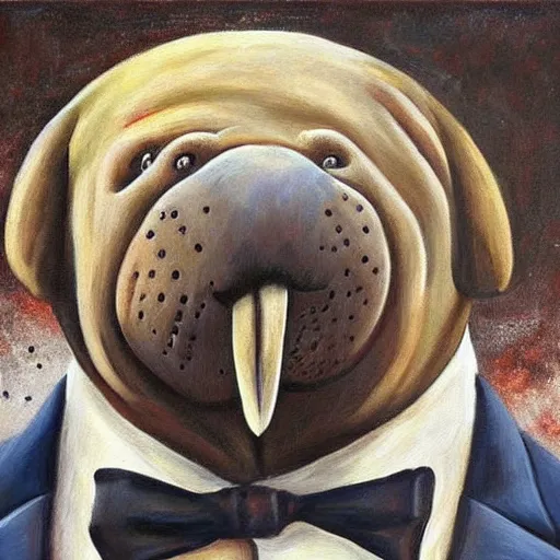 Prompt: masterful painting of a walrus in a suit