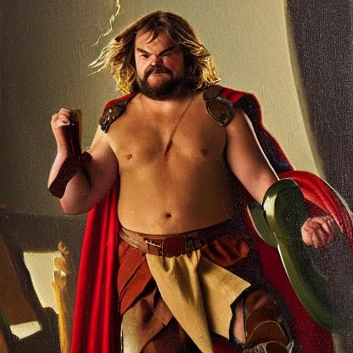 Prompt: jack black as Thor, classical painting