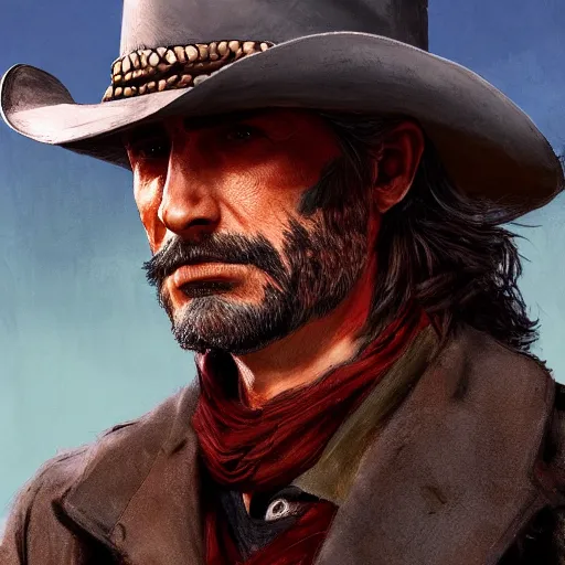 Image similar to portrait of a man with a long duster, grey hair and a cowboy hat, greek origin, harsh good looking face, drawn by ruan jia, fantasy art, red dead redemption, django, town background, dramatic lighting, digital art, 8 k, extremely detailed