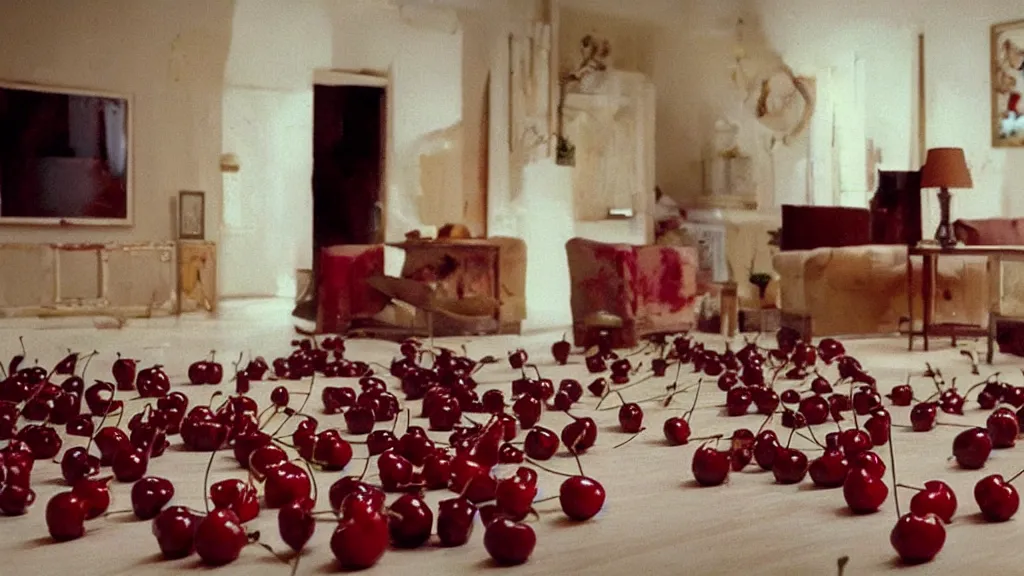 Image similar to Cherries exploding into smaller cherries in a living room, film still from the movie directed by Denis Villeneuve with art direction by Salvador Dalí, wide lens