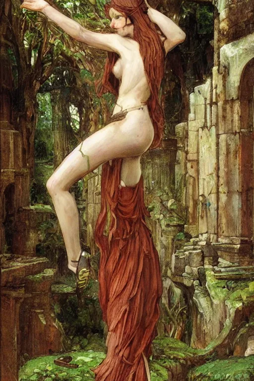Prompt: female dryad girl among ancient cybernetic ruins scifi by waterhouse