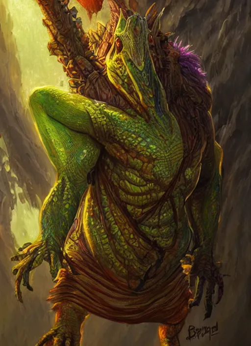 Image similar to lizard person, ultra detailed fantasy, dndbeyond, bright, colourful, realistic, dnd character portrait, full body, pathfinder, pinterest, art by ralph horsley, dnd, rpg, lotr game design fanart by concept art, behance hd, artstation, deviantart, hdr render in unreal engine 5