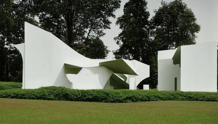 Image similar to a large white building sitting on top of a lush green field, an art deco sculpture by Bauhaus, cg society, bauhaus, panorama, art deco, 1970s