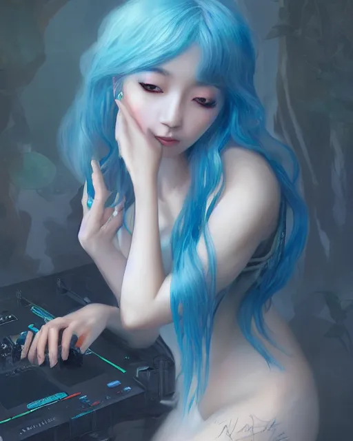 Prompt: stunningly beautiful female blue hair, cute korean actress, dj sura, fantasy art, sharp focus, digital painting, 8 k, concept art, art by wlop, artgerm, greg rutkowski and alphonse mucha