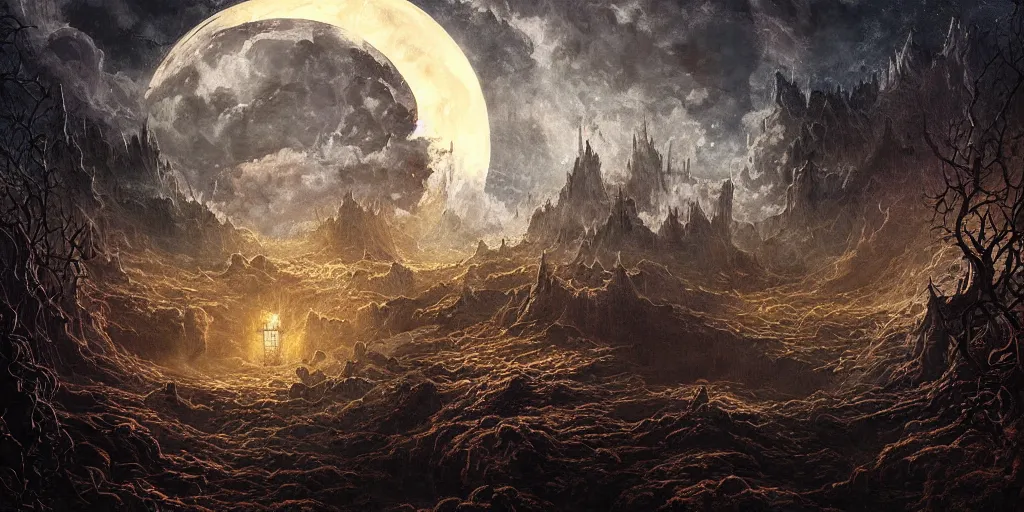 Prompt: hyper detailed beautiful painting of the gates to hell, midnight, moon light, volumetric lighting, dark, scary, sad, back lit