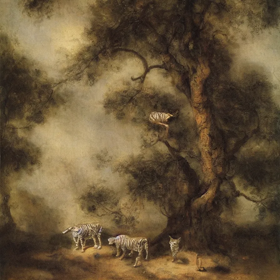 Prompt: painting by rembrandt, cat, mouse, zebra, dancing in the rain, under a dry old tree