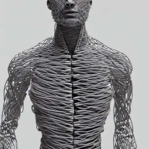 Prompt: a man made out of usb cables, full body shot, realistic shot, intricate details, ultra - realistic, atmospheric shot, expressive, artistic, trending on artstation, 4 k.