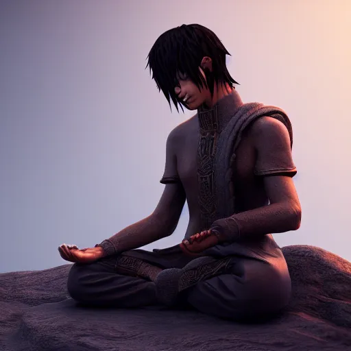 Image similar to a male mage in his 2 0 s with black hair, meditating with closed eyes. unreal engine, extremely detailed, award - winning art, trending on artstation