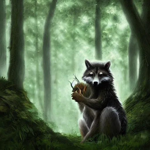 Image similar to a woodland druid in a forest with a wolf bird and racoon, photorealistic, in the style of greg rutkowski, digital painting