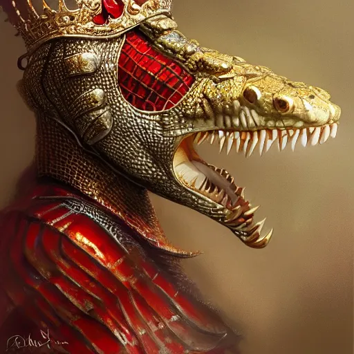 Image similar to detailed photorealistic painting of a crocodile wearing a highly detailed ornamented gold crown with diamonds, in a medieval knight armor with red cape , sharp focus in the style of ruan jia, Mandy jurgens, cinematic light, concept art, trending on artstation, ultra realistic