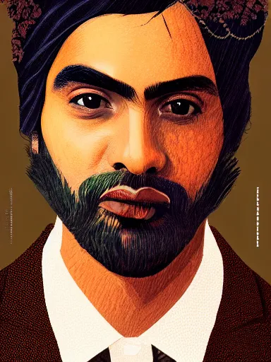 Prompt: artwork by Enjolras Delphin and Wes Anderson, of a solo individual portrait of an Indian guy with lilies, dapper, simple illustration, domestic, nostalgic, full of details, Matte painting, trending on artstation and unreal engine
