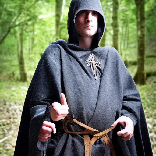 Image similar to medieval cloak wearing lizard human, photograph captured in the woods