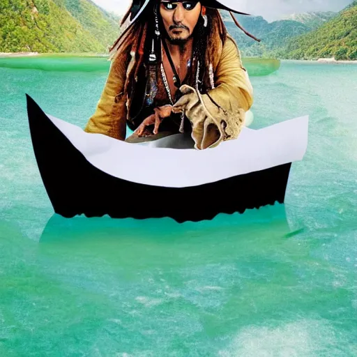 Image similar to Jack Sparrow on a paper boat in the middle of an ocean made out of slime