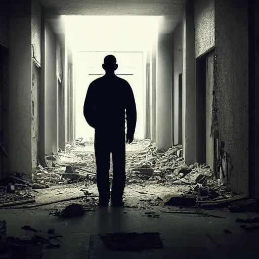 Image similar to A mysterious man standing in the middle of a stair hallway looking in the direction of the camera, the man is using a flashlight in a City in ruins with trees growing from the destroyed buildings :: apocalyptic, gloomy, desolate :: long shot, low angle, dramatic backlighting, symmetrical photography :: cinematic shot, highly detailed