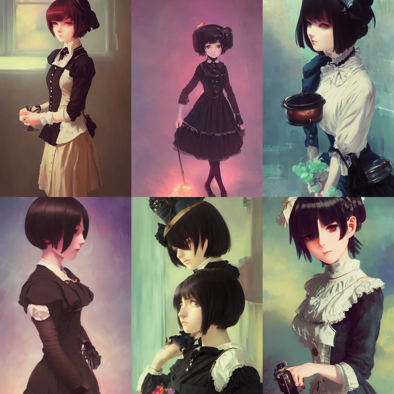 Image similar to a portrait of a cute Victorian maid with black bob cut hair, steampunk setting, vivid colors, soft lighting, atmospheric, cinematic, moody, in the style of Ilya Kuvshinov and Range Murata, Krenz Cushart, oil on canvas, 8k