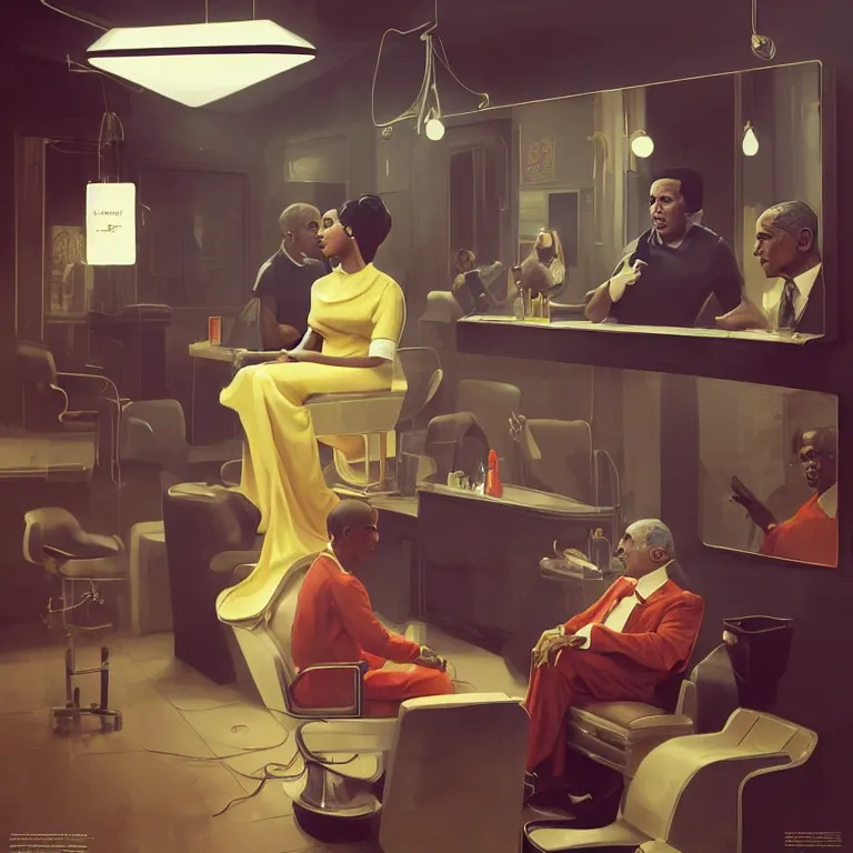 Image similar to tritone 1 9 6 0 s concept illustration portrait of nicki minaj sitting next to barack obama in a barbershop. cinematic scene. volumetric lighting. golden ratio accidental renaissance. by sachin teng and sergey kolesov and ruan jia and heng z. graffiti art, scifi, fantasy, hyper detailed. octane render. concept art. trending on artstation.