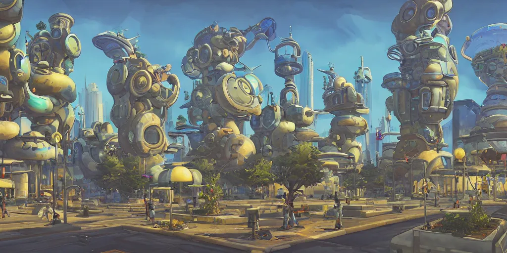 Prompt: overwatch building, stylized, exterior, architecture, watercolor gouache detailed paintings, insanely detail, artstation, 8 k, futuristic, arcane, simon stalenhag, food stall, interesting shapes & form, golden ratio, hard surface, props, decoration and furniture, megastructures, floating city, tree and plants, solarpunk, japanese downtown, utopia, kitbash 3 d