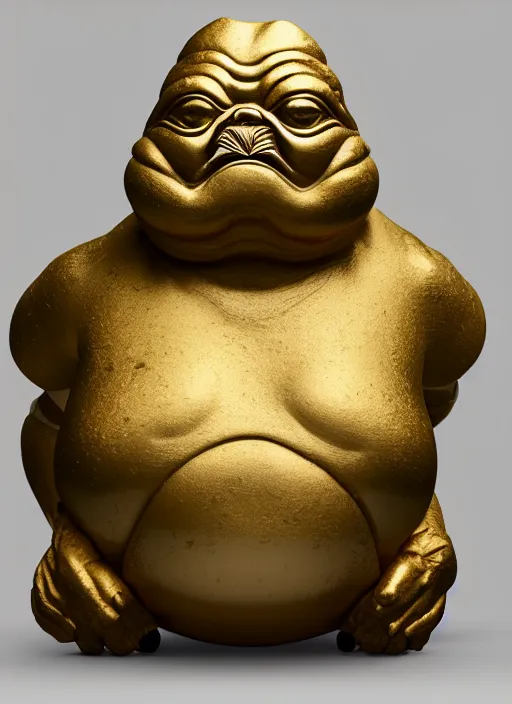 Prompt: stylized gold onyx ornate statue full body made of marble of jabba the hutt, perfect symmetrical body, perfect symmetrical face, hyper realistic, hyper detailed, by johannen voss, by michelangelo, octane render, blender, 8 k, displayed in pure white studio room