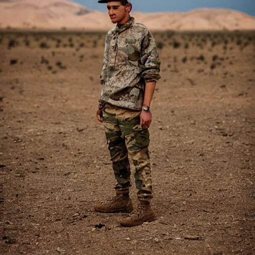 Image similar to portrait of a man wearing camuflage, army clothing, he ‘ s sitting in the desert eating some delicious crayons, beautiful composition, 5 0 mm f 1. 8, ambient light