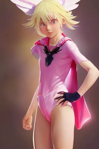 Prompt: blonde little girl with butterfly wings in an pink and white hero outfit, digital artwork made by artgerm lau and makoto shinkai, shaped focus, heroic composition, hero pose, inspired by peni parker from spiderverso, smooth