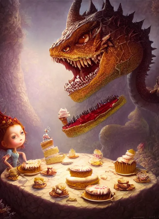 Image similar to highly detailed closeup portrait of a fairytale dragon eating cakes, unreal engine, nicoletta ceccoli, mark ryden, earl norem, lostfish, hyung tae, frank frazetta, global illumination, detailed and intricate environment