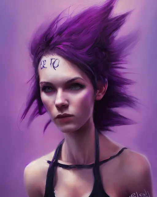 Prompt: cute female punk, perfect face, black halter top, purple hair, abs, cinematic, stunning, athletic, strong, agile, highly detailed, psychedelic, digital painting, artstation, smooth, hard focus, illustration, art by jessica rossier and and brian froud