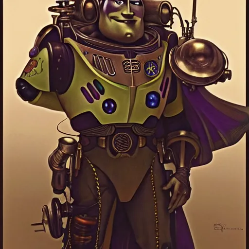 Image similar to steampunk buzz lightyear, fantasy, d & d, intricate, detailed, by by alphonse mucha, adolfo hohenstein, alice russell glenny, stanley artgerm lau, greg rutkowski, detailed, trending on artstation, trending on artstation, smooth