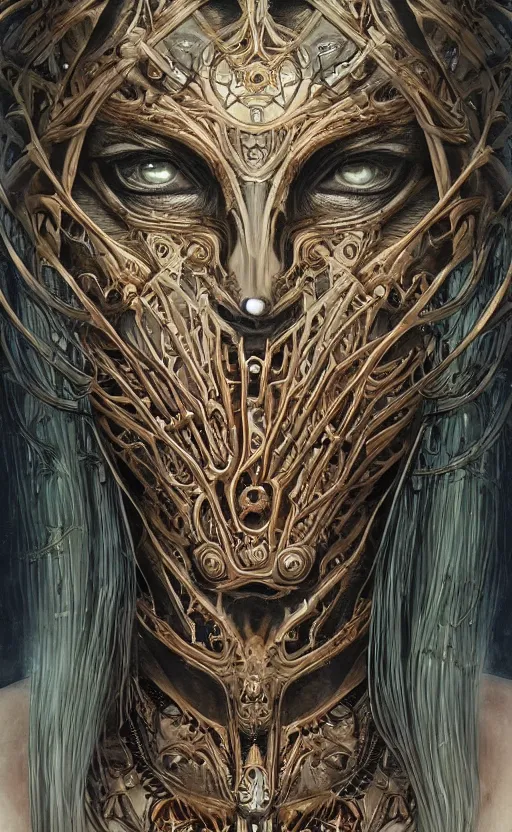 Image similar to Elden Ring themed painting of hybrid majestic aztec warrior princess fantasy biomechanical human beautiful immortal feminine angel symmetrical face angry mask closeup face breathing mask tattoo pattern golden ratio concept, deep forest psytrance Neo-Gothic concept, infinity glyph waves, intricate artwork masterpiece, very coherent artwork, cinematic, full frontal facial features by Artgerm, Takato Yamamoto, Zdizslaw Beksinski, Johnatan Wayshak, Moebius, Ayami Kojima, very coherent artwork, trending on cgsociety, ultra high quality model, production quality cinema model, high detail chromatic ink outline, octane render, unreal engine 8k, hyper realism, high detail, octane render, unreal engine, 8k, High contrast