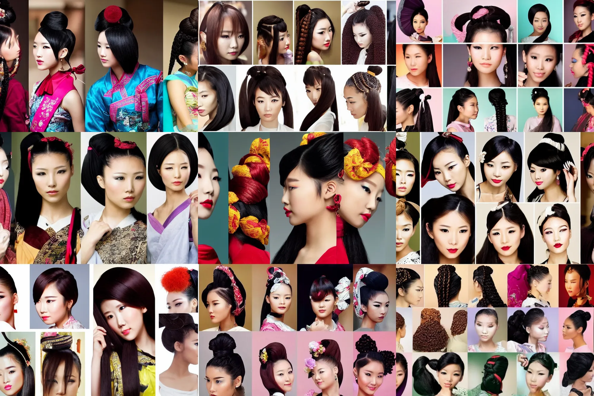 Prompt: traditional female hairstyles, various colors, asian fashion models