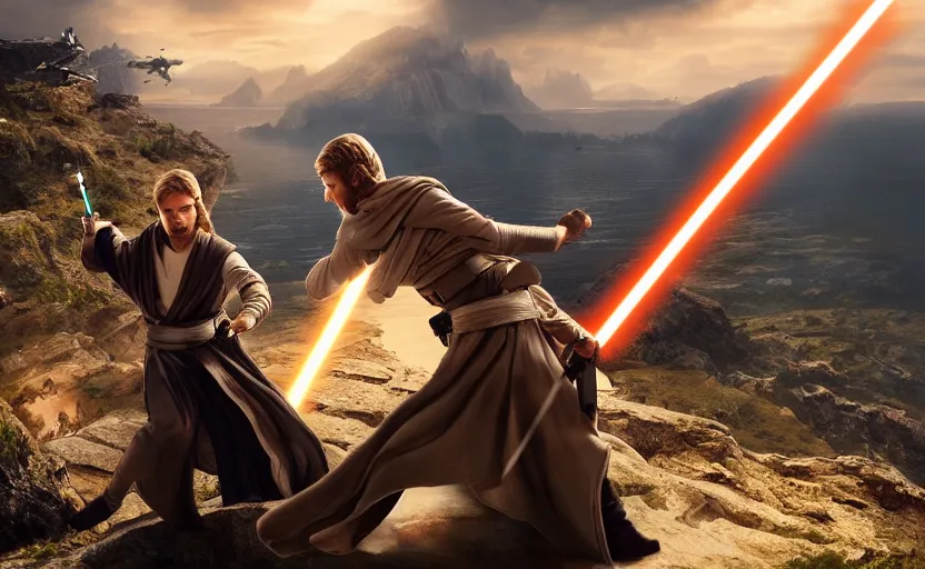 Image similar to anakin skywalker and obi wan kenobi engaging in an epic duel on a cliffside, epic, fantasy artwork, intense, cinematic, raytracing, dynamic lighting, 4 k