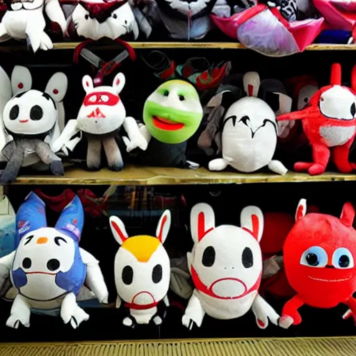 Image similar to haunting plushies being sold at an amusement park, devilish, nightmare fuel, scary, cursed, evil, dark