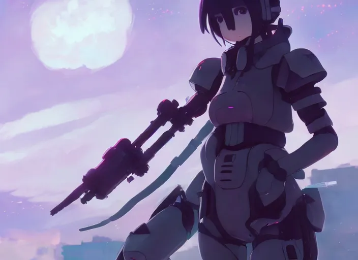 Image similar to homura akemi in mechanical exoskeleton resembling a su - 1 0 2, battlefield landscape, illustration concept art anime key visual trending pixiv fanbox by wlop and greg rutkowski and makoto shinkai and studio ghibli and kyoto animation, soldier clothing, grimdark, volumetric lighting