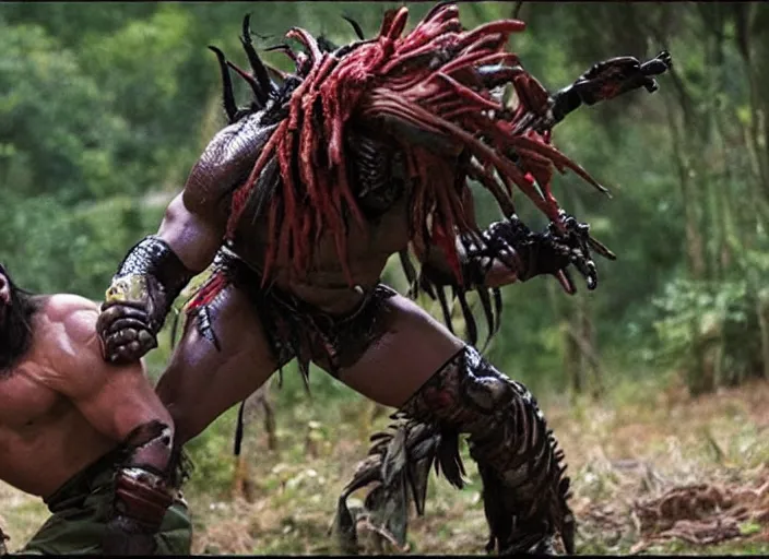 Prompt: the ultimate warrior fighting the predator, movie still, from the new predator movie, 8 k, realistic