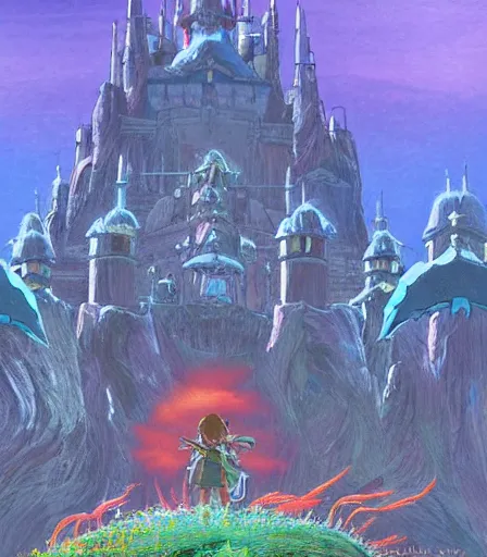 Prompt: A Huge Castle by Miyazaki Nausicaa Ghibli, breath of the wild style, epic composition