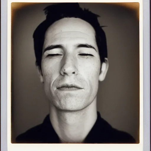 Image similar to a professional polaroid portrait photo of a man with an asymmetrical face with his eyes closed. the man has black hair, light freckled skin and a look of confusion on his face. extremely high fidelity. key light.