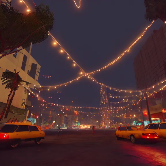 Image similar to Downtown Mexico, string lights, colorful lighting, night, realism, gta 5 screenshot, by Tooth Wu, by Lienzo Óleo Paisaje, by Greg Rutkowski