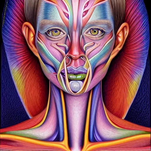 Prompt: rich colors, angelic being of happiness and joy, anatomically accurate model of the full human female muscular system, intricate parts, portrait, luscious lips, one cute nose, two penetrating fierce eyes, oil painting by alex grey