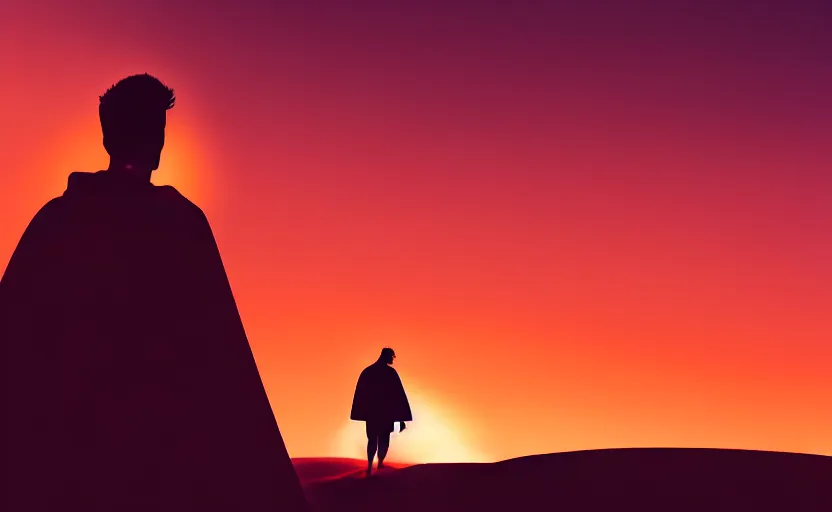 Image similar to a man on a sand dune, silhouetted against the horizon, desert landscape, simple robe blowing in the wind, sun setting, orange and red sky, detailed, futuristic, volumetric light, intricate, detailed, photorealistic imagery, artstation