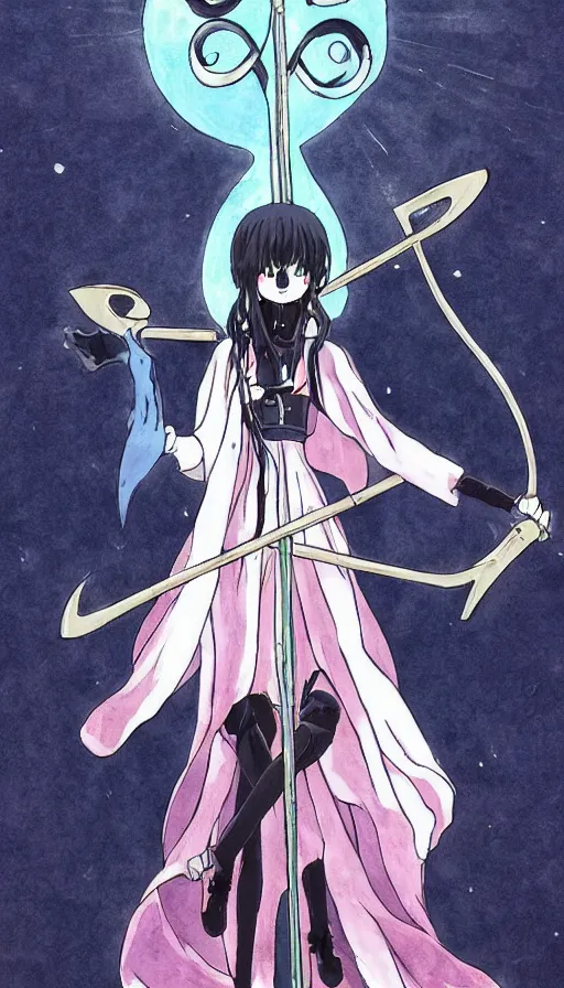 Image similar to the being death as a cute anime girl with a giant scythe from a studio ghibli film inspired by the death tarot card, dark vibes