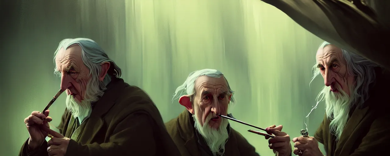 Image similar to duotone concept illustration 3 / 4 portrait of jrr tolkien in hobbit house smoking pipe with gandalf in rustical style. cinematic volumentric lighting. accidental renaissance. by sachin teng and sergey kolesov and ruan jia and heng z. graffiti art, scifi, fantasy, hyper detailed. octane render. concept art. trending on artstation