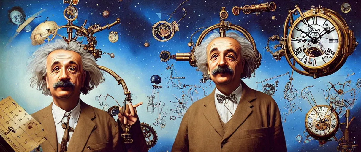 Prompt: surreal and abstract portrait of albert einstein measuring time on vintage salvadore dali steampunk clock in outer space - cinematic lighting - art, by wlop, james jean, victo ngai! muted sepia colors, very detailed, art concept by craig mullins, thomas kinkade cfg _ scale 8