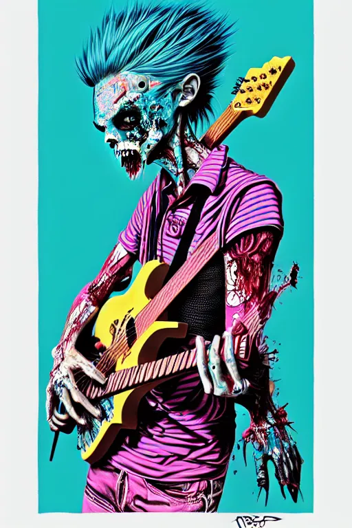 Image similar to risograph of a punk zombie playing guitar, tristan eaton, victo ngai, artgerm, rhads, ross draws, intricated details