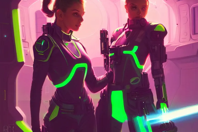 Prompt: Exhausted good looking young women wearing neon coloured armour suit in a space station pointing gun at viewer, elegant, intricate, retrofuturistic digital painting, artstation, concept art, smooth, sharp focus, illustration, art by artgerm and greg rutkowski and alphonse mucha