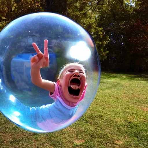 Prompt: photo of a screaming child floating away in a bubble