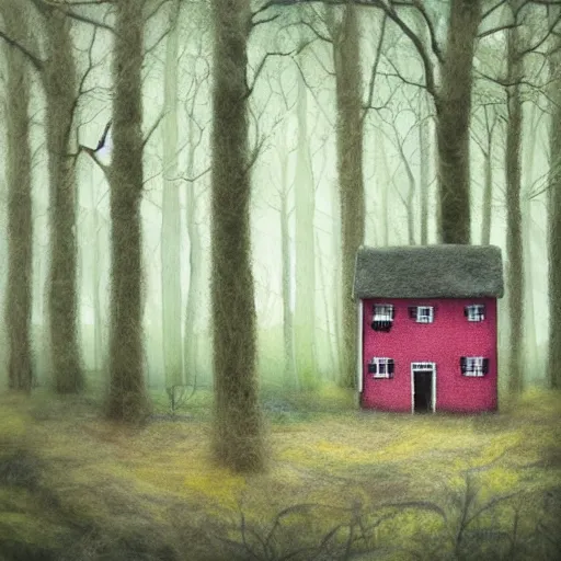 Prompt: small wooden house in the middle of spring forest, bright colours, watercolor, volumetric wool felting, macro photography, children illustration, by lee madgwick